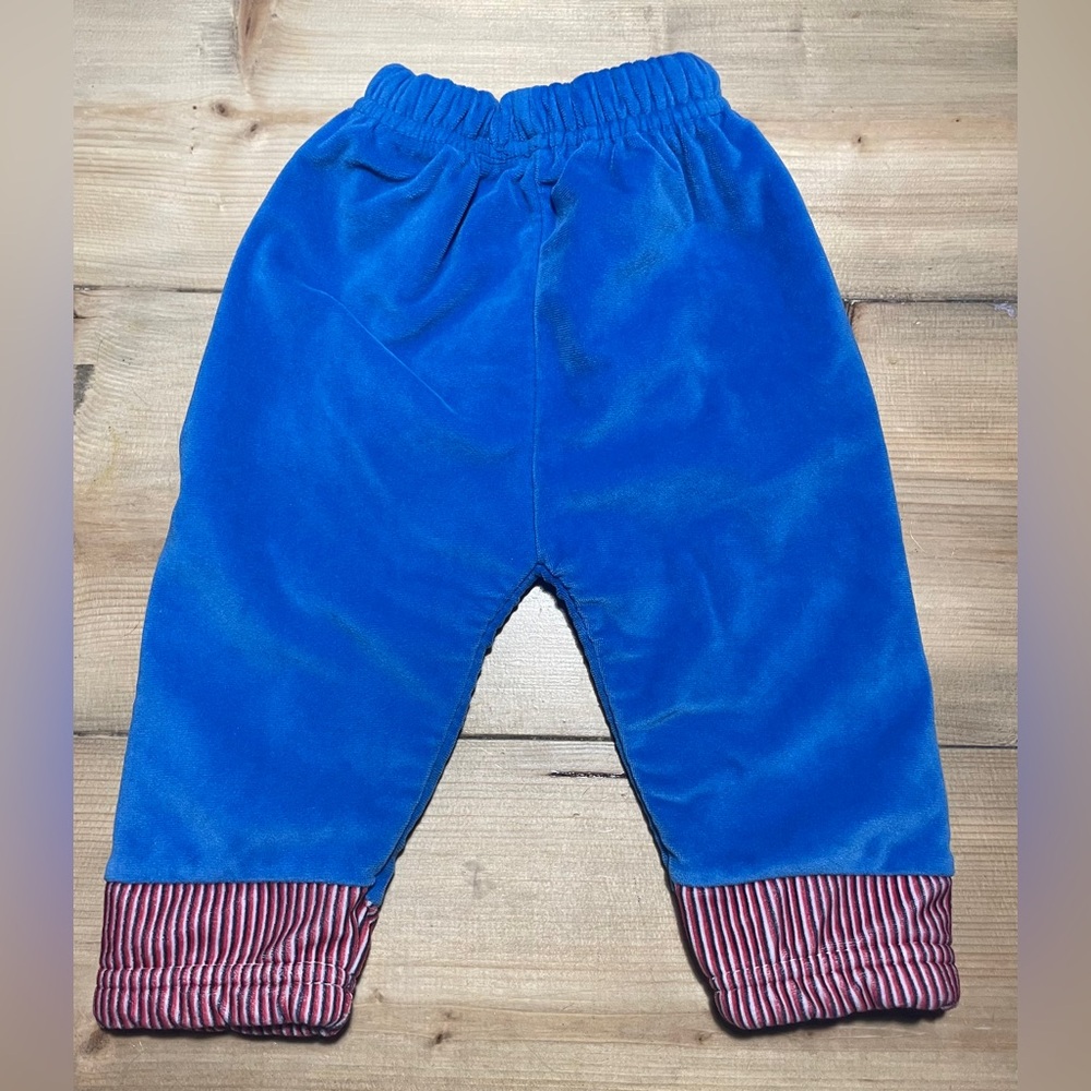 Vintage Retro Blue Velvet Pants with Striped Cuffs 12-18 months VGUC